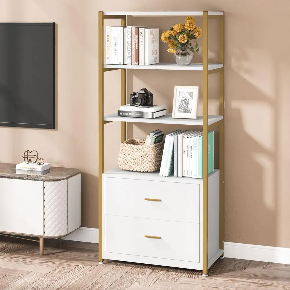TRIBESIGNS WAY TO ORIGIN Kaduna 23.6 in. Wide White and Gold 4-Shelf Etagere Bookcase with 2-Drawers