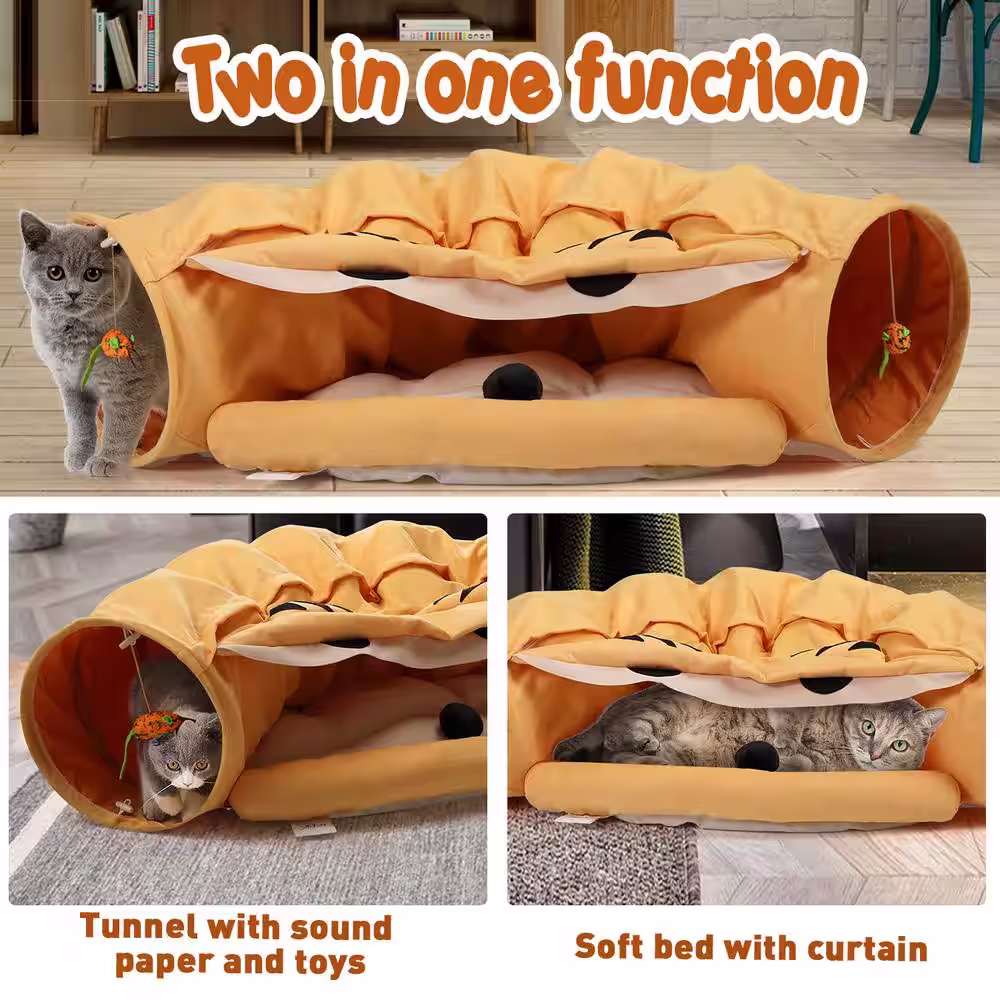 COZIWOW Collapsible Medium Cat Tunnel with Cat Toy, Bed