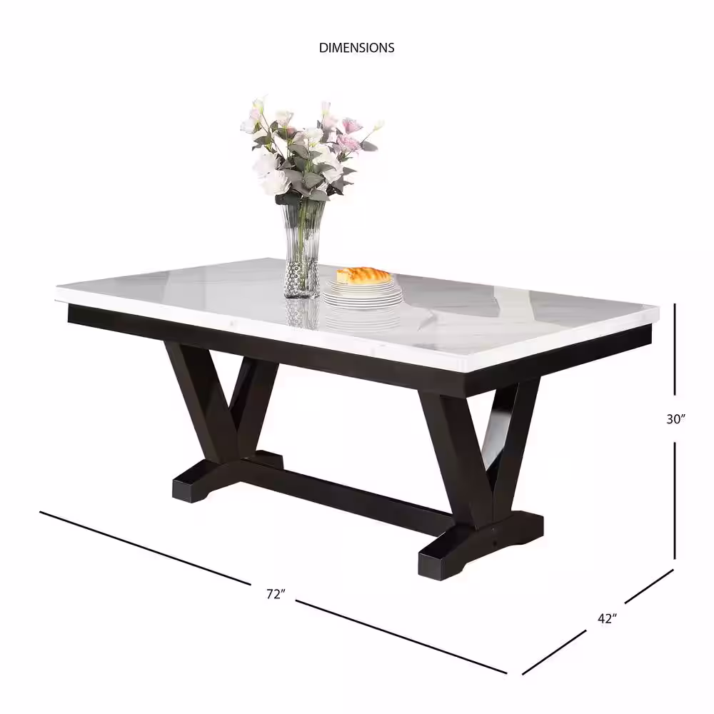 Steve Silver Finley 72 in. Retangular White Marble Dining Table with V Shaped Pedestal Base