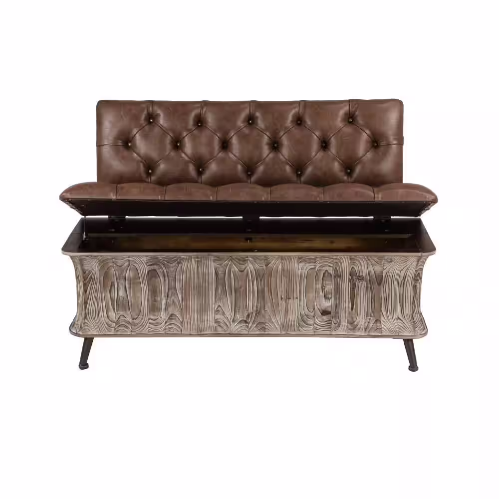 Litton Lane Brown Storage Bench with Tufted Faux Leather Seat and Back 32 in. X 47 in. X 20 in.