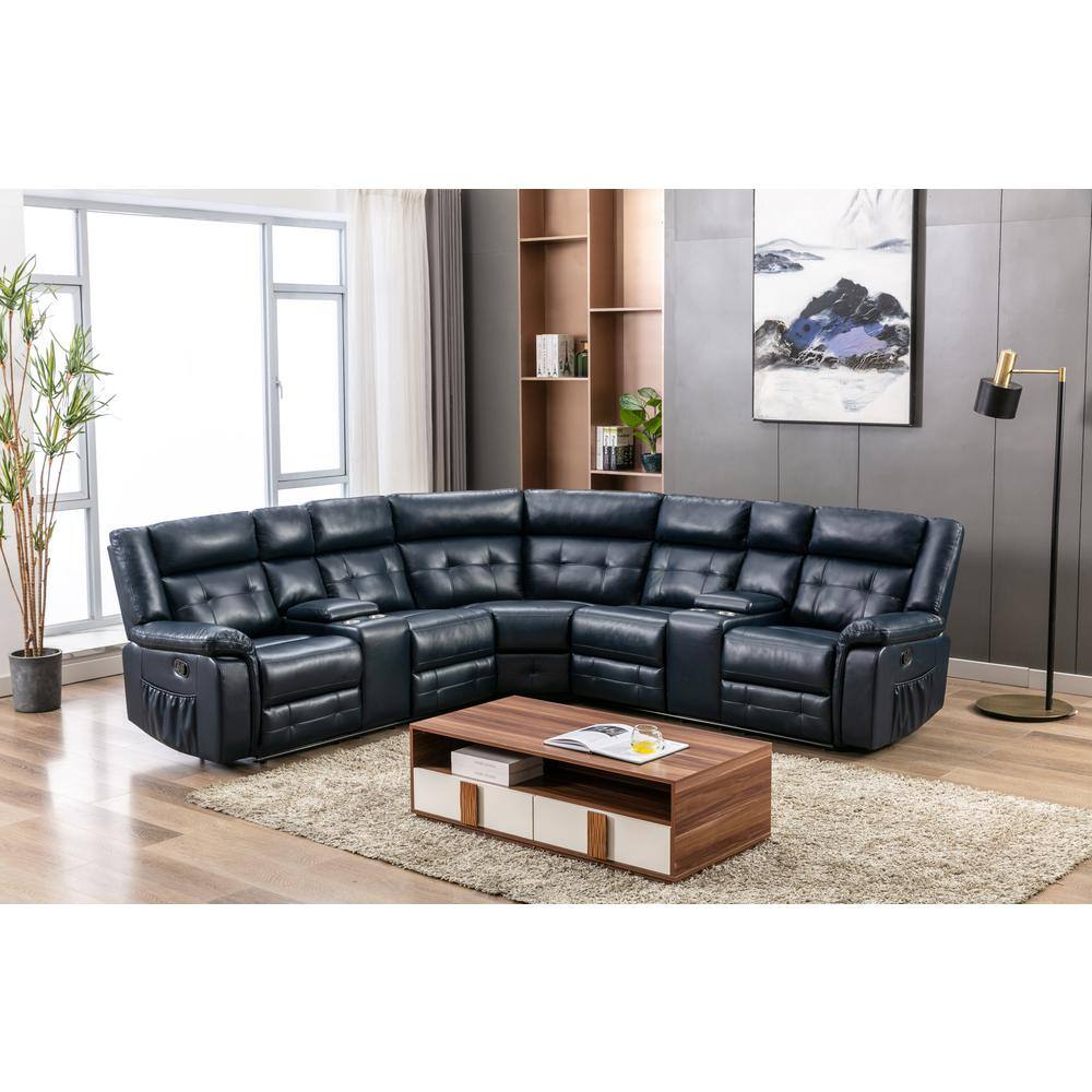 None NHI 110 in. W Pillow Top Arm Vegan Leather 3-Piece L-Shaped Sectional Sofa in Dark Blue