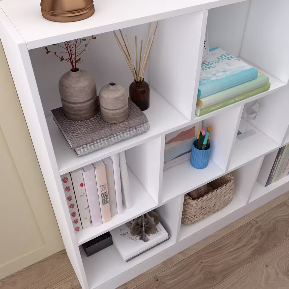 FUFU&GAGA 47.2 in. W x 40.9 in. H White Wooden 10-Shelf Freestanding Standard Bookcase Display Bookshelf With Cubes