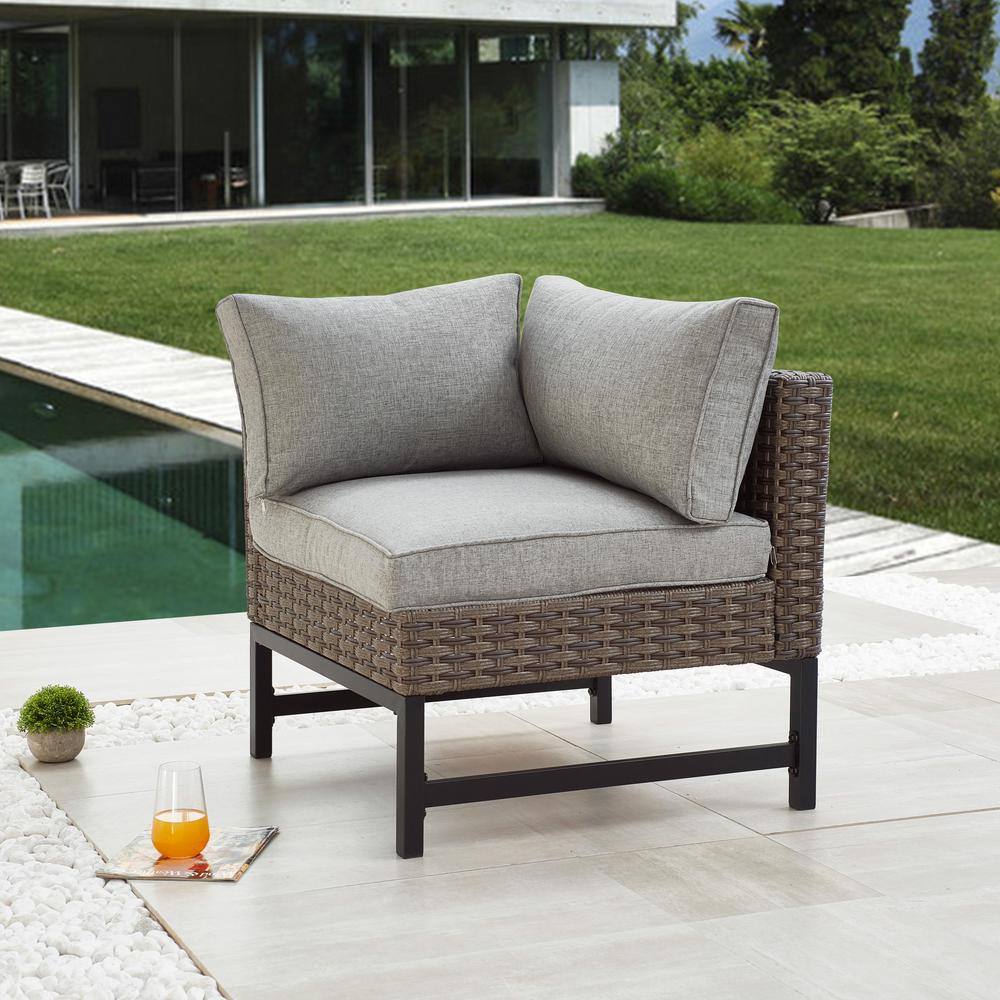 Patio Festival Right-Angle 10-Piece Wicker Patio Conversation Seating Set with Gray Cushions