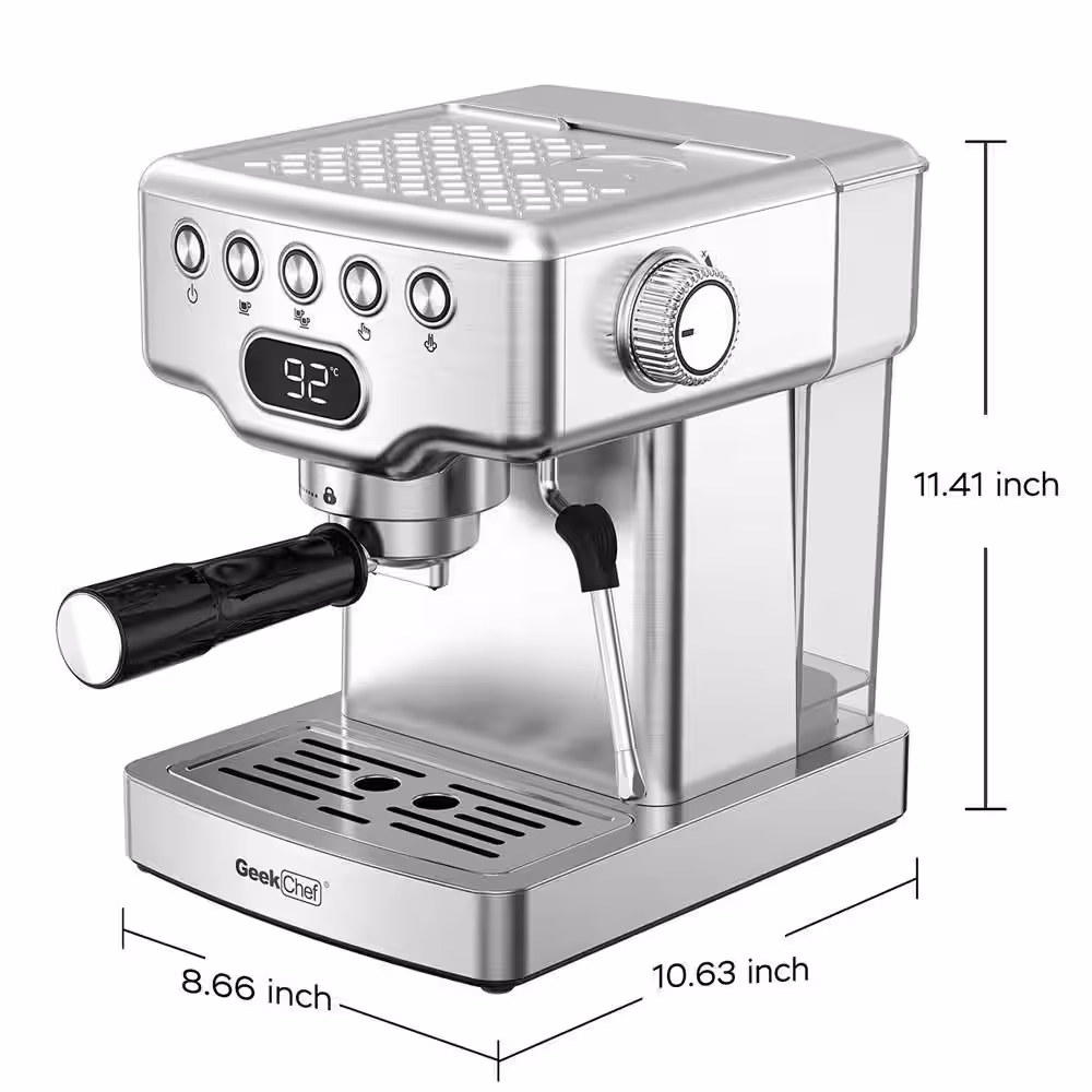None 2- Cup Silver 20 Bar Espresso Machine with Milk Frother, 1.8L Water Tank, Stainless Steel