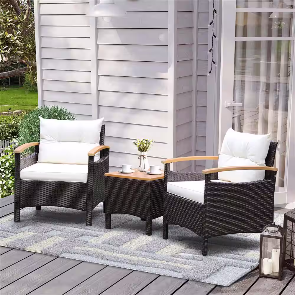 Costway 3-Piece Patio Rattan Furniture Set Wooden Armrest Table Top Cushioned Deck in Off White
