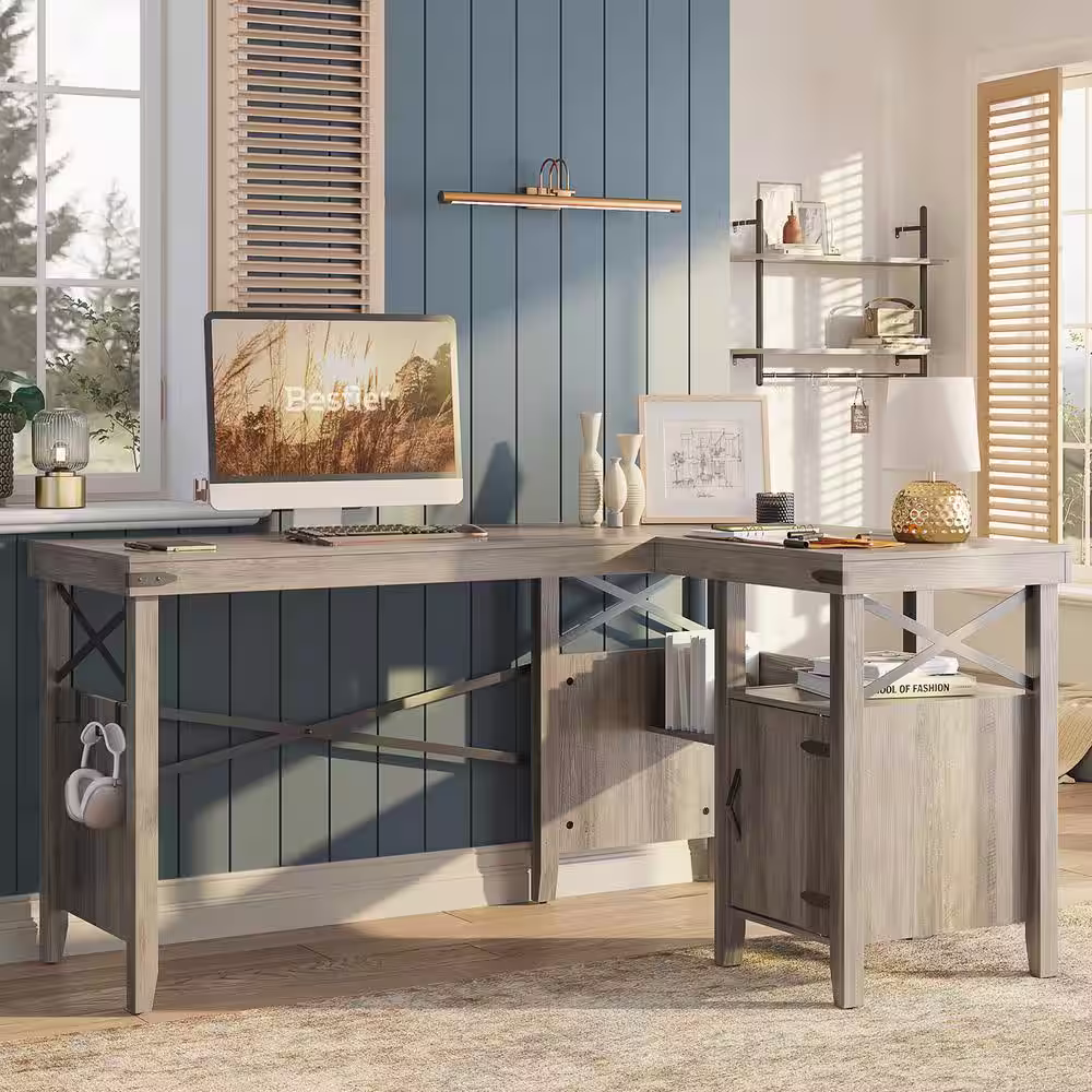 Bestier 60 in. Farmhouse L-Shaped Computer Desk with Storage Cabinet and Bookshelf Wash Grey