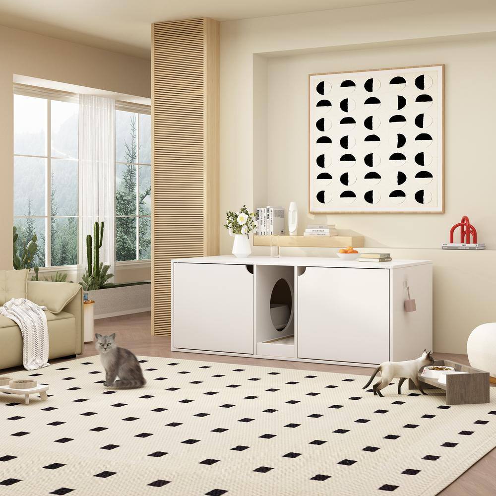 WIAWG Log with White Cat Litter Box Enclosure for 2 Cats Wood Stackable Cat Washroom Storage Cabinet Bench End Table Furniture