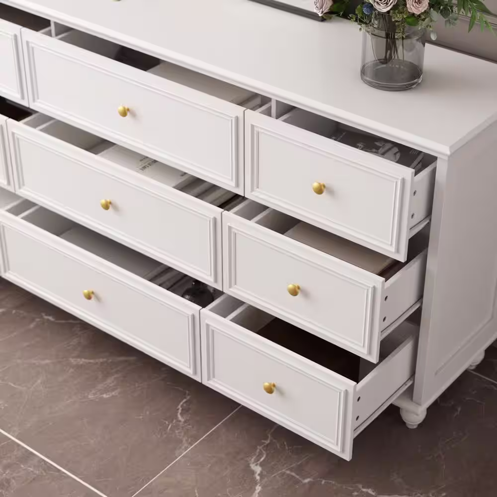 None 9-Drawer White Wooden Chest of Drawers, Modern European Style (63 in. W x 31.5 in. H x 15.7 in. D)