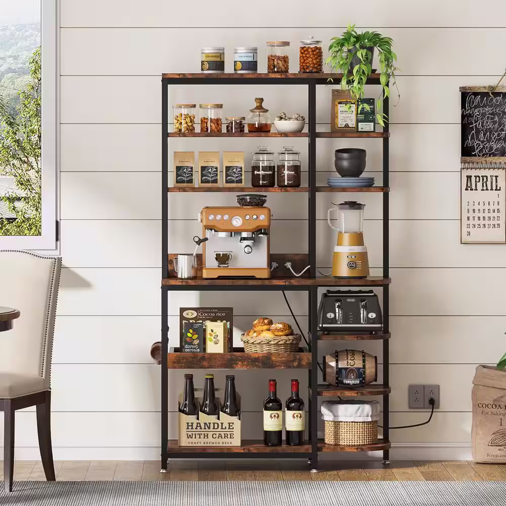 None Keenyah Brown 10-Tier Kitchen Baker's Racks with Power Outlets, Microwave Oven Stand with Storage