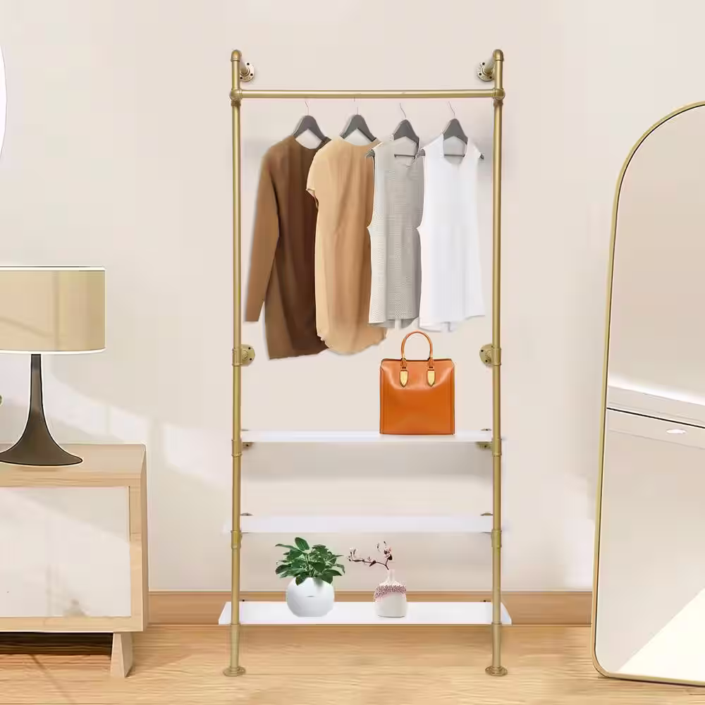 None Gold Wall Mounted Iron Clothes Rack with 3 Wood Shelves 36.6 in. W x 78.74 in. H