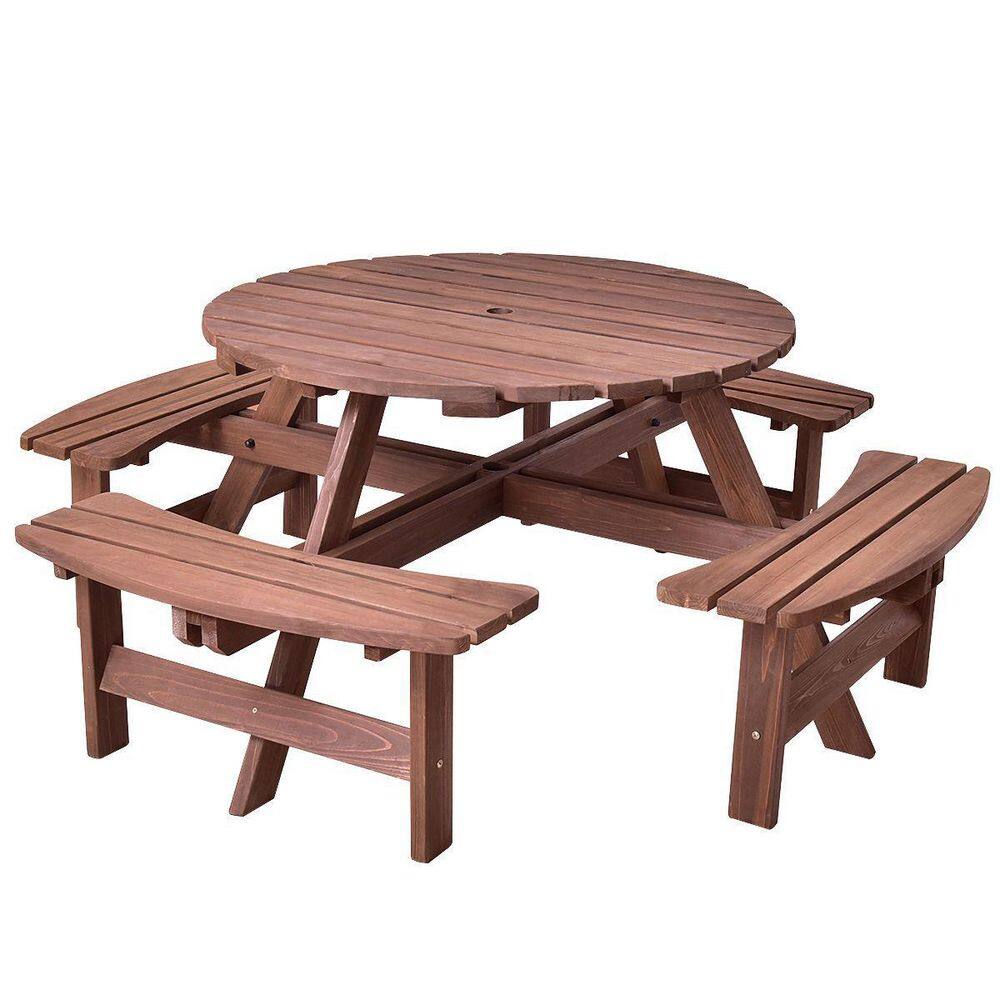 ANGELES HOME 70.5 in. W Round Wood Outdoor Picnic Table Bench Set with Umbrella Hole