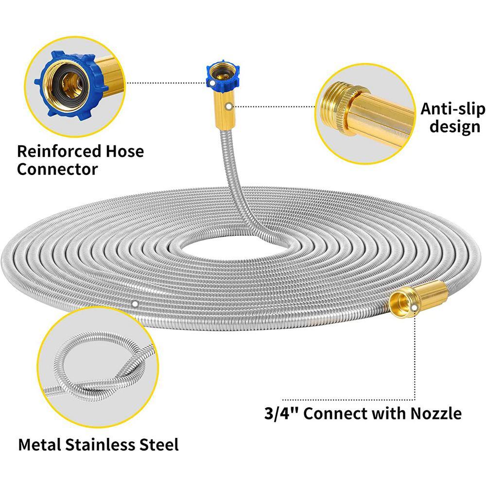None 1/2 in. x 25 ft. Stainless Steel Garden Hose Set with Solid Brass Nozzle Outdoor Hose, Standard