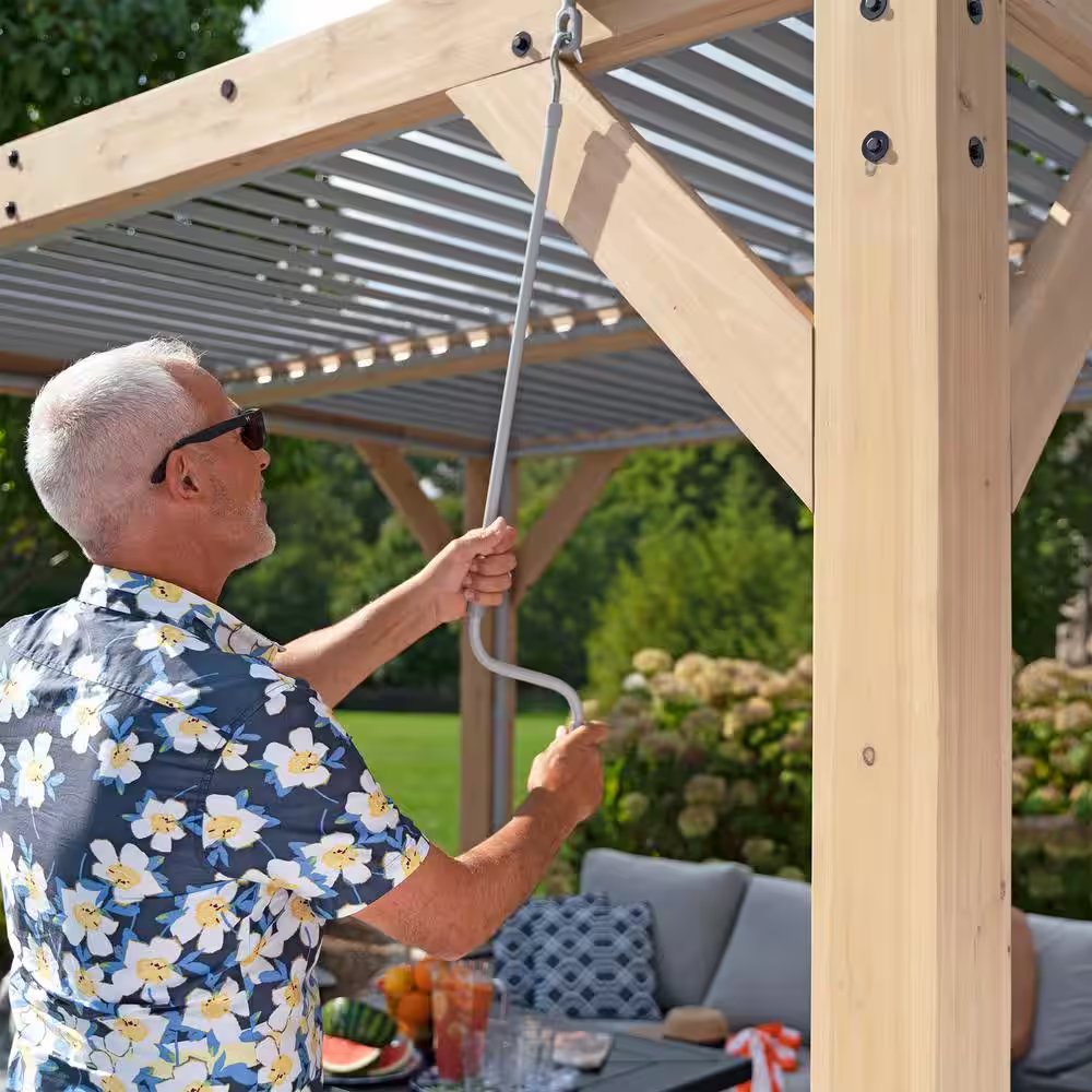 Yardistry Meridian 10 ft. x 12 ft. Premium Cedar Patio Shade Pergola with Gray Louvered Roof Panels and Built-In Gutter System