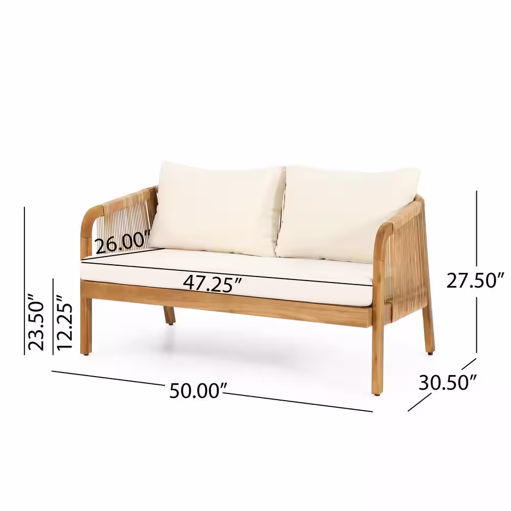 Noble House Judland Teak 4-Piece Wood and Wicker Patio Conversation Set with Beige Cushions