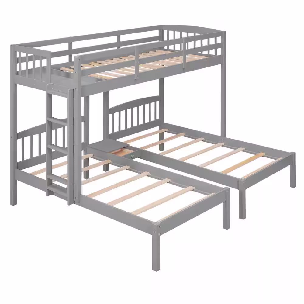 Qualler Gray Twin Over Twin and Twin Bunk Bed with Built-in Middle Drawer