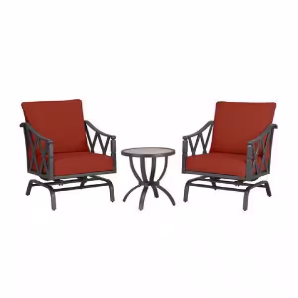 Hampton Bay Harmony Hill 3-Piece Black Steel Outdoor Patio Motion Conversation Set with Sunbrella Henna Red Cushions