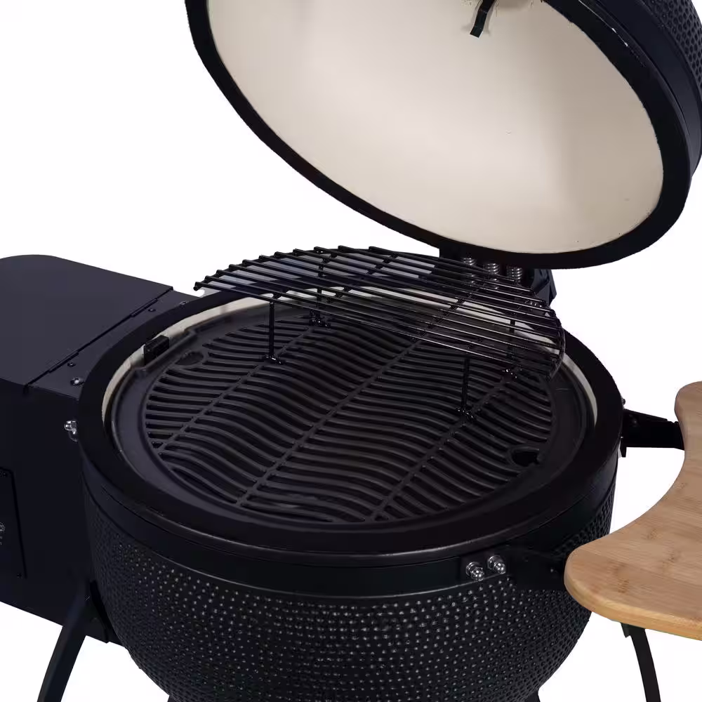 Cesicia Outdoors Patio Black 24 in. Smoked Roasted BBQ Ceramic Pellet Grill in Color with 19.6 in Gridiron Double Ceramic Liner