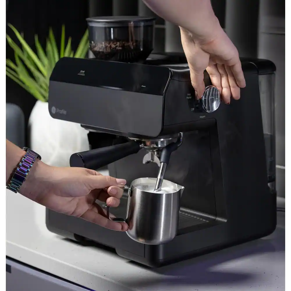 GE Profile 1- Cup Semi Automatic Espresso Machine in Black with Built-in Grinder, Frother, Frothing Pitcher, and WiFi Connected