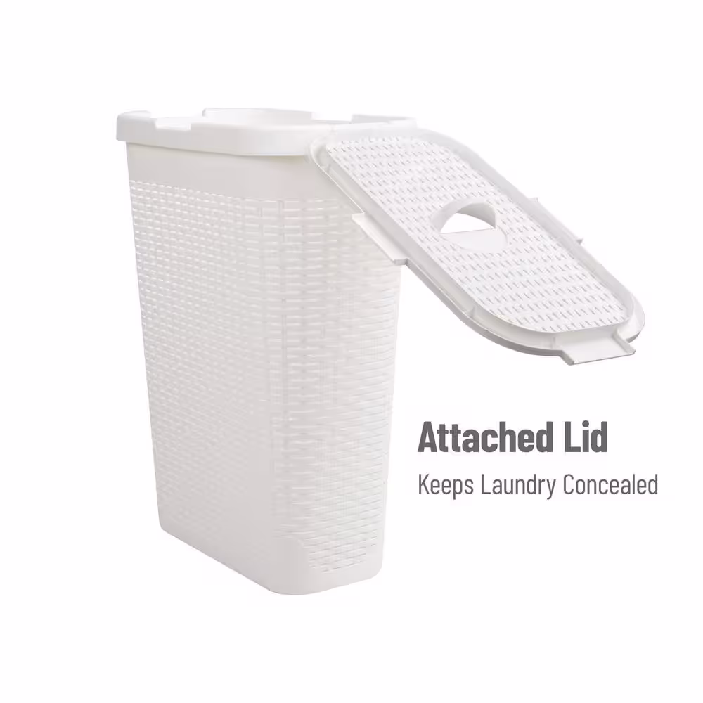Mind Reader Basket Collection, Slim Laundry Hamper, 40 Liter Cut Out Handles, Attached Hinged Lid, Ventilated, Set of 2, White