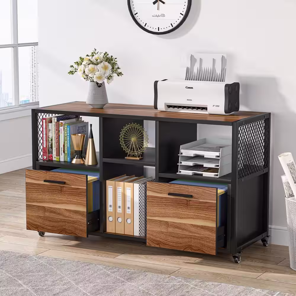 None Atencio Brown 2 Drawer Wood File Cabinets, Rustic Mobile Lateral Filing Cabinet for Letter/A4 Size, Printer Stand