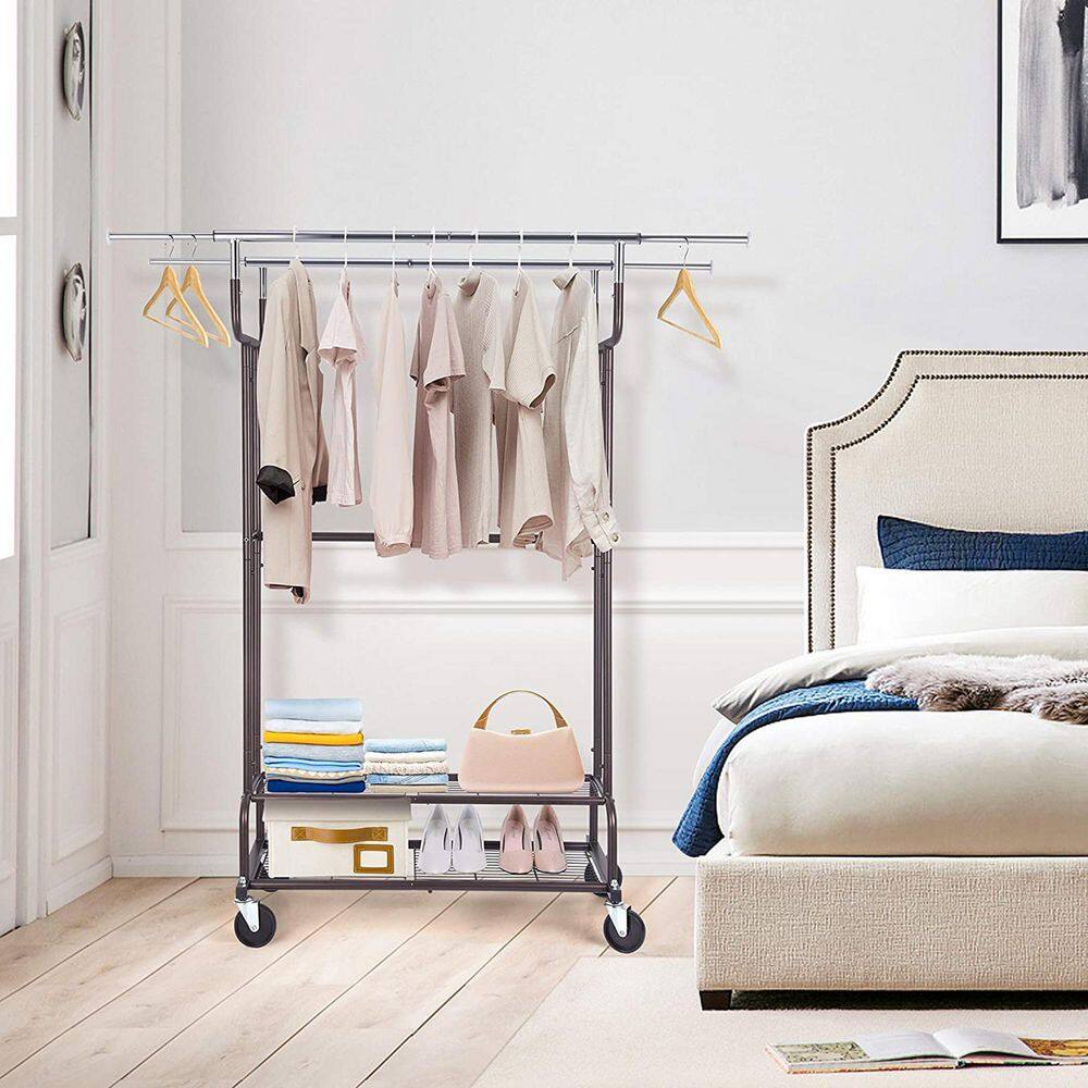 None Silver Metal Garment Clothes Rack With Double Rod 38 in. W x 62 in. H