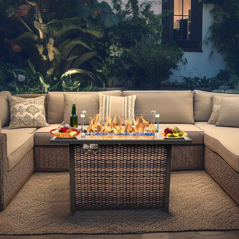 None 43 in. Dark Brown Rectangular Rattan Propane Gas Fire Pit Table 50,000-BTU with Ceramic Tabletop Water-Resistant Cover