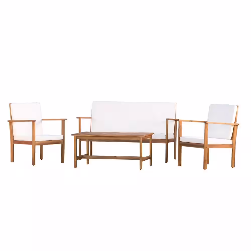 None Luciano Brown 4-Piece Wood Patio Conversation Set with Beige Cushions