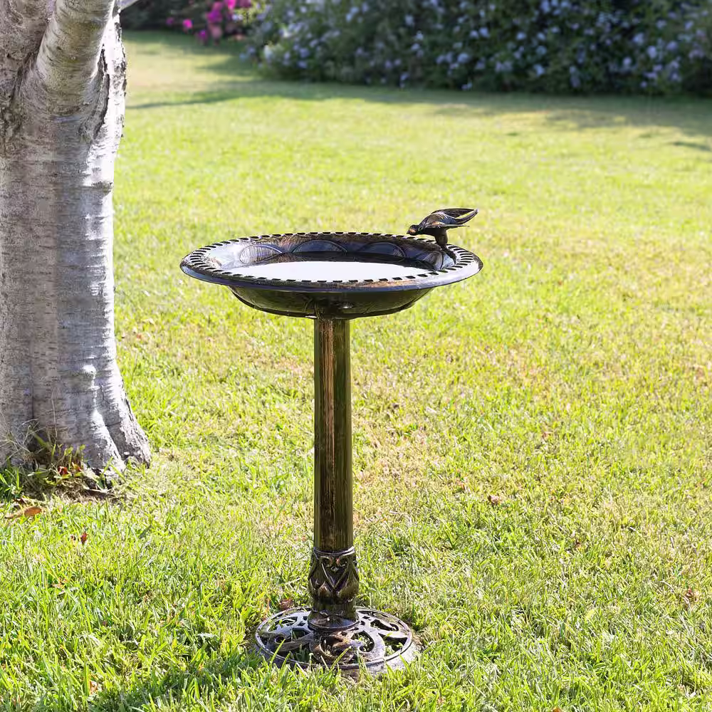 Alpine Corporation 27 in. Tall Outdoor Antique Style Bronze Birdbath Bowl with Bird Figurine