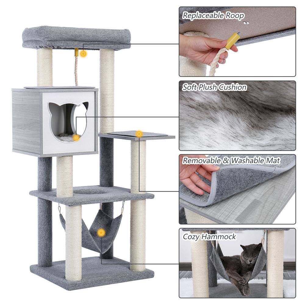 None 52 in. H Cat Tree Cat Tower with Condo and Hammock in Gray