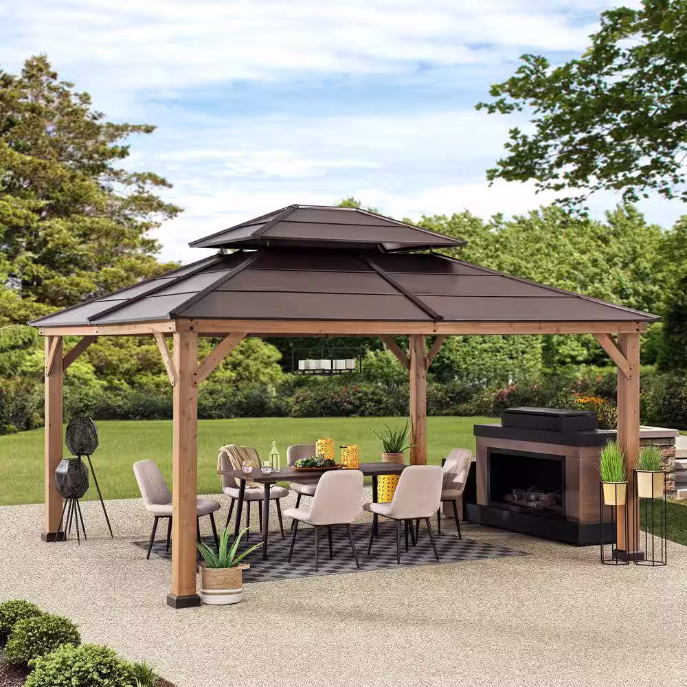 Sunjoy Myla 13 ft. x 15 ft. Cedar Gazebo with Brown Steel 2-Tier Hip Roof Hardtop