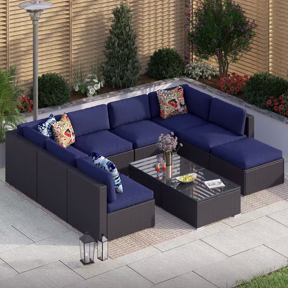 None Dark Brown Rattan Wicker 8 Seat 10-Piece Steel Outdoor Patio Conversation Set with Blue Cushion,Coffee Table and Ottoman