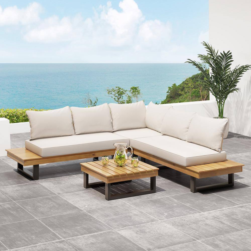 Noble House Sebastian Teak Brown 4-Piece Wood Patio Conversation Sectional Seating Set with Beige Cushions