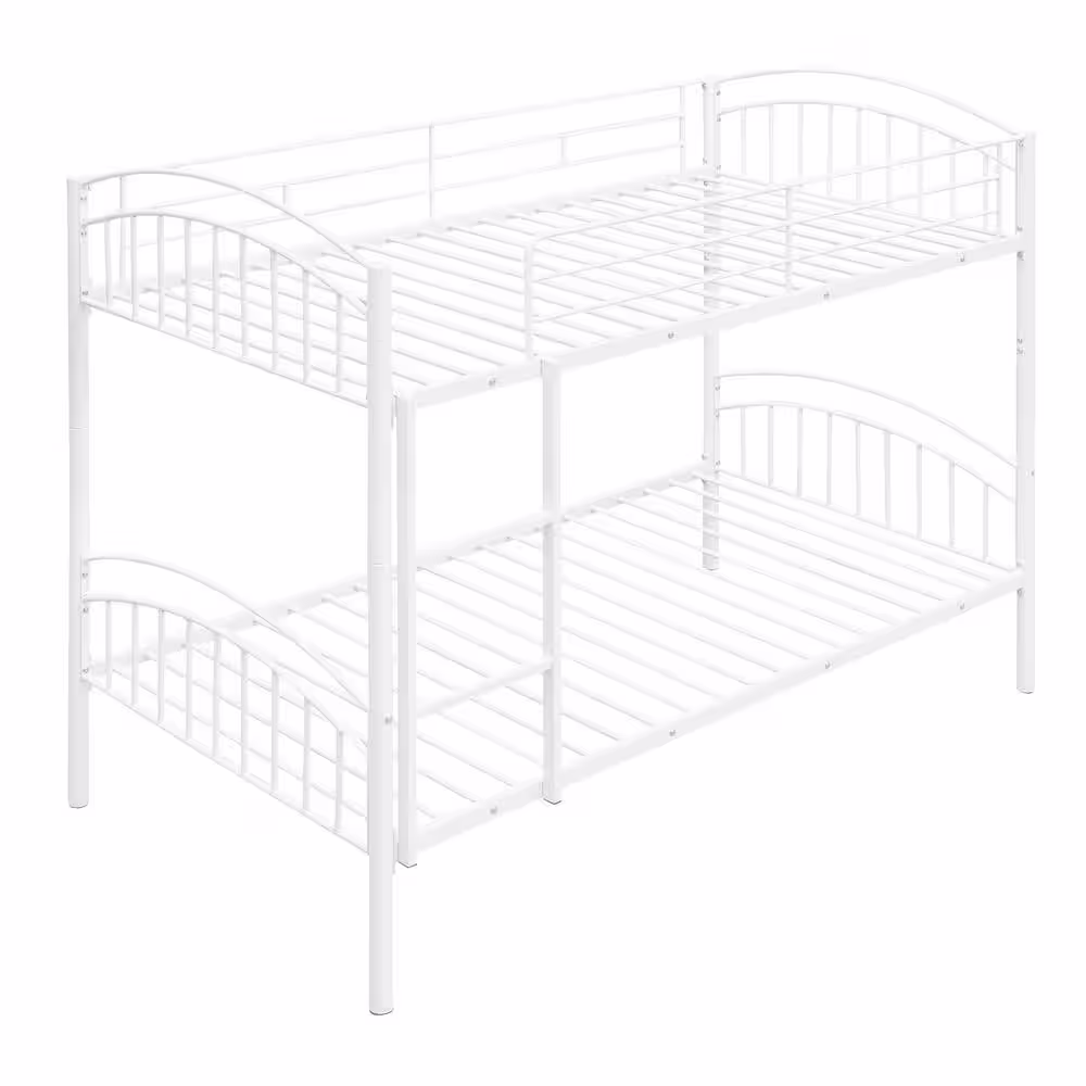 Harper & Bright Designs White Twin over Twin Metal Bunk Bed with Ladder, Divided into 2-Separate Beds