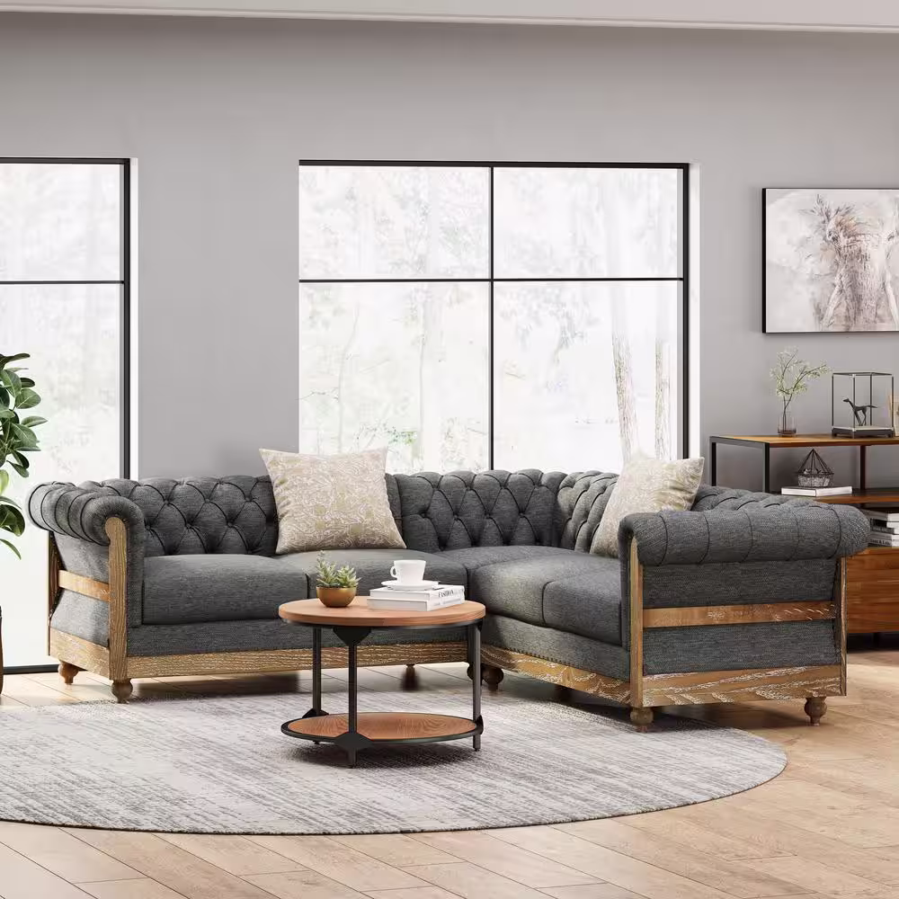 Noble House Petes 87.75 in. 3-Piece Polyester Gray and Dark Brown Sectional