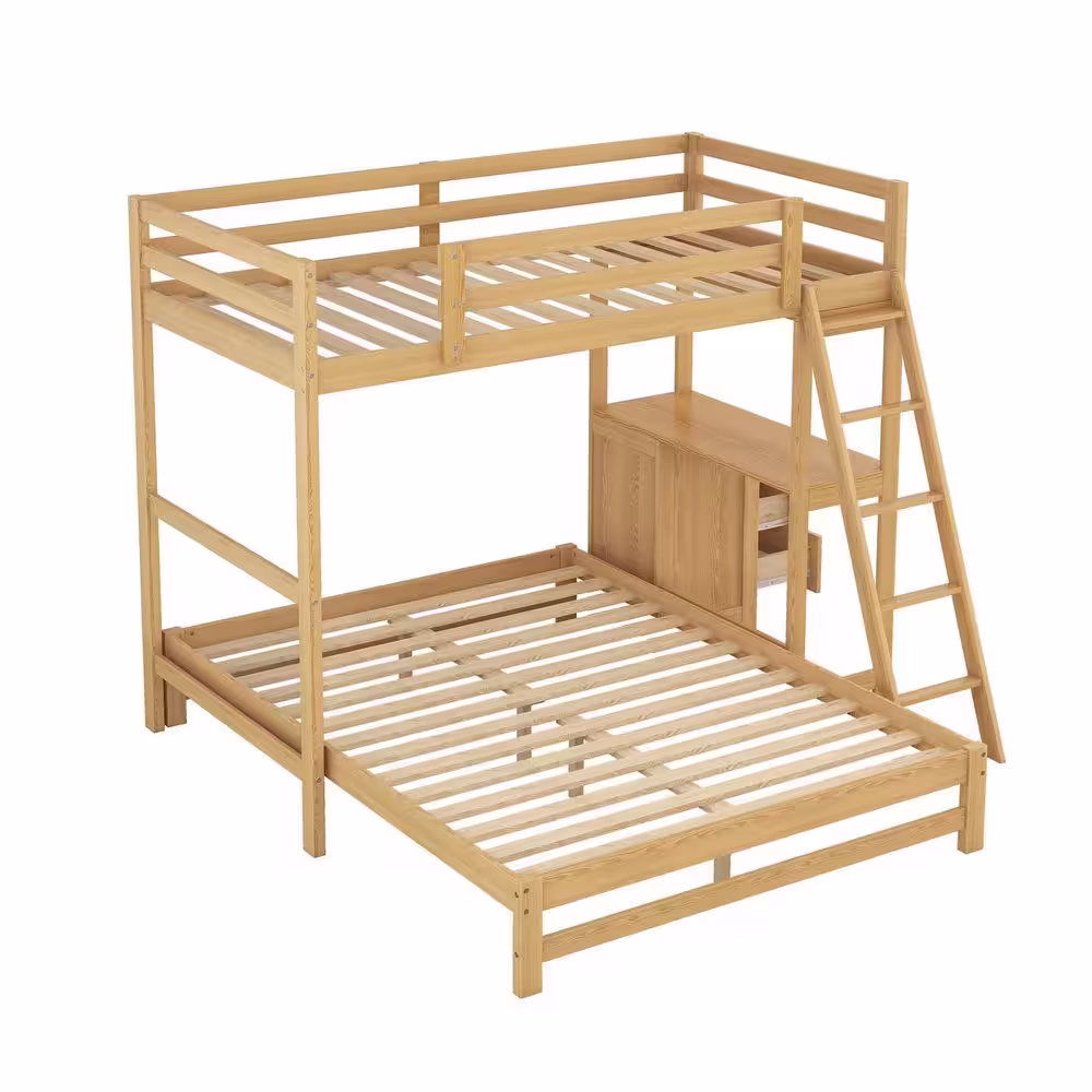 None Natural Wood Twin Over Full Bunk Bed with Desk and 3-Drawers Detachable Wood Kids Bunk Bed Frame with Inclined Ladder
