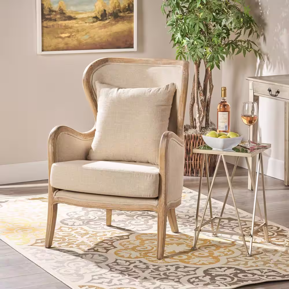 Noble House Crenshaw Beige Fabric Wing Chair