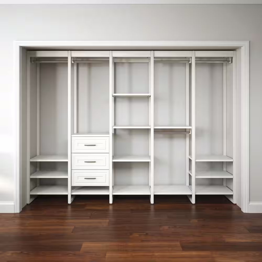 CLOSETS By LIBERTY 113 in. W White Adjustable Tower Wood Closet System with 3 Drawers and 19 Shelves