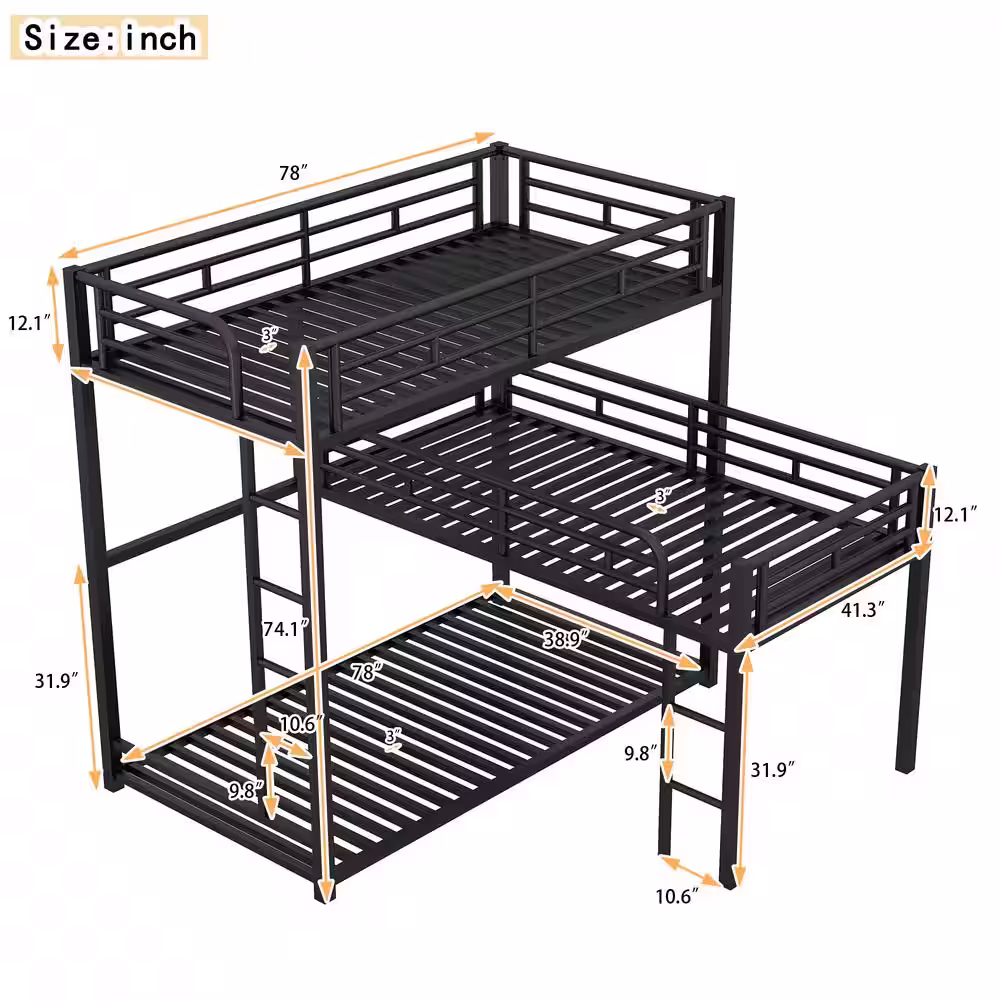 Harper & Bright Designs Black Twin Size L-Shaped Metal Triple Bunk Bed
