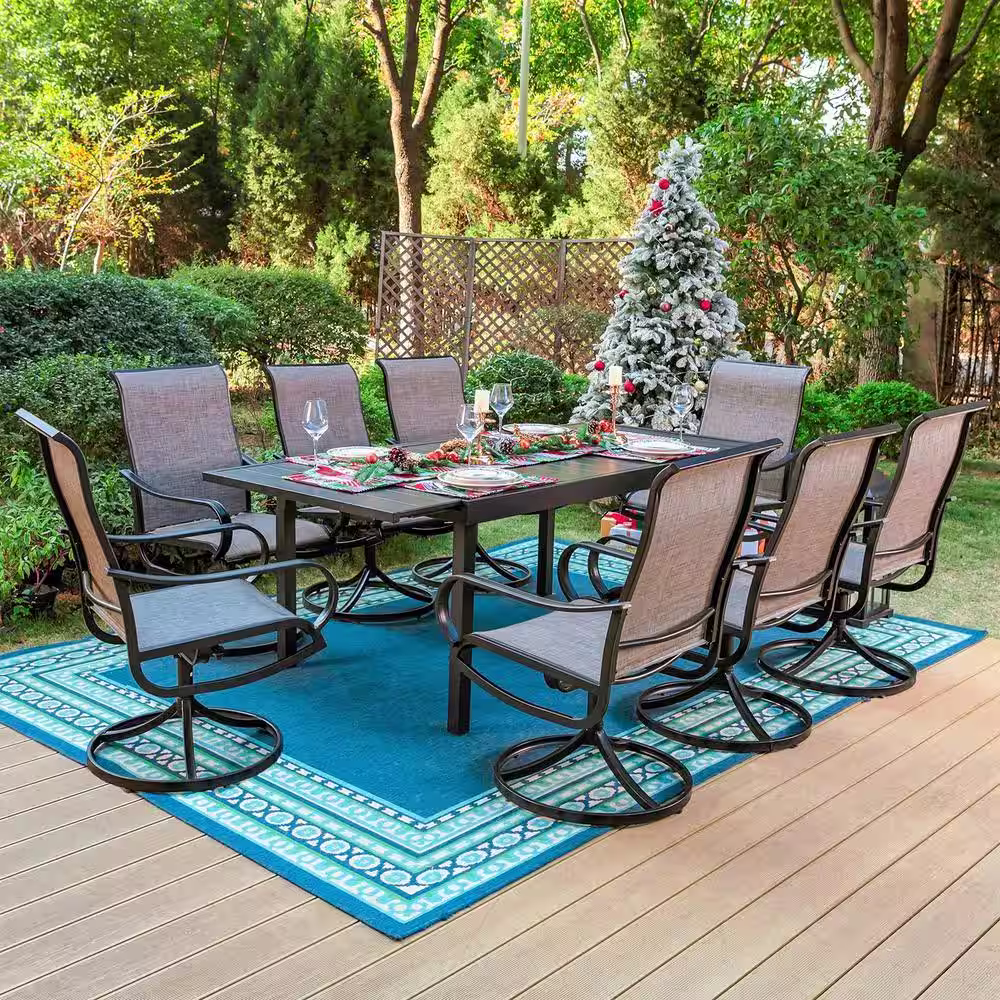 None Black 9-Piece Metal Patio Outdoor Dining Set with Extendable Table and Textilene Swivel Chairs