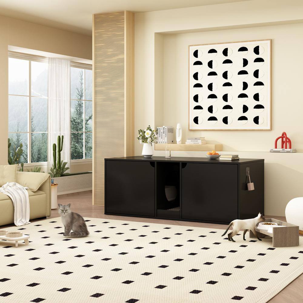 FUFU&GAGA Cat Litter Box Enclosure for 2 Cats, Wood Stackable Cat Washroom Storage Bench End Table Furniture, Black