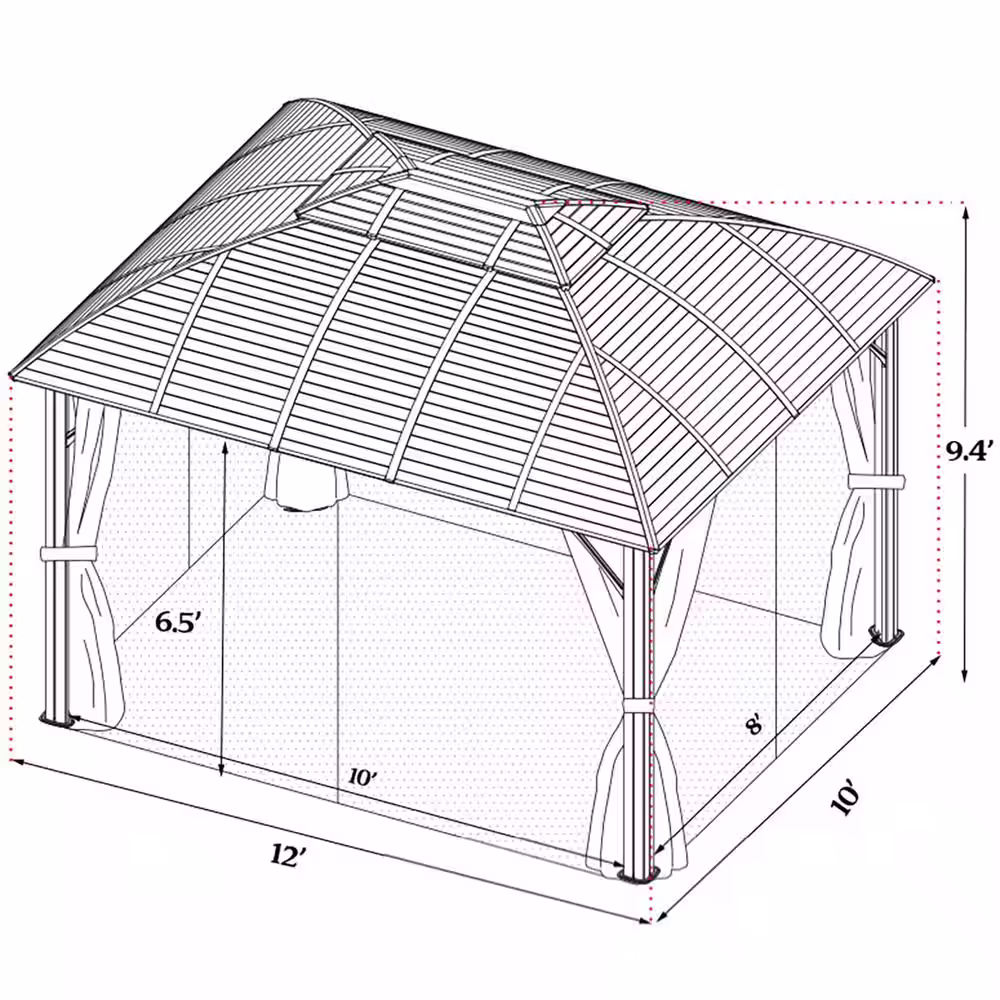 KOZYARD Odyssey 10ft.D x 9ft.H x 12ft.W Aluminum Hardtop Gazebo with Galvanized Steel Roof, Mosquito Net and Privacy Sidewall