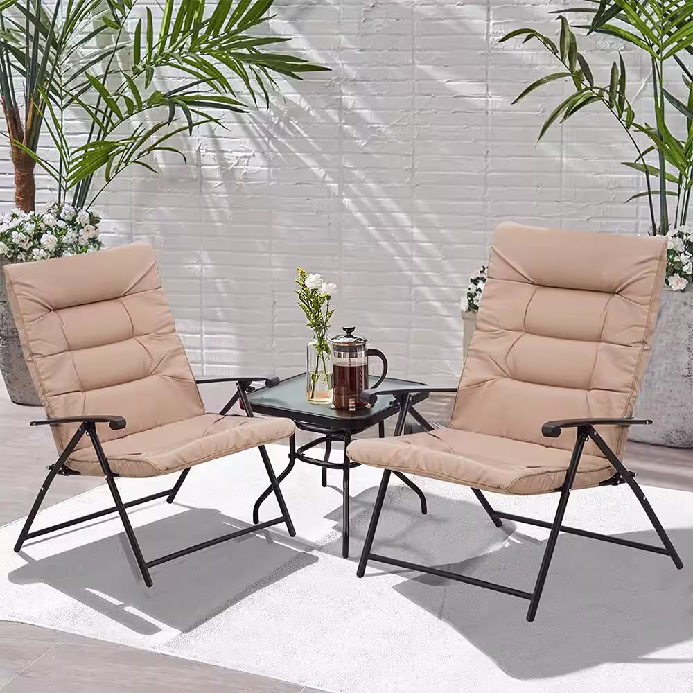 None 3-Piece Folding Metal Outdoor Bistro Set with Padded Khaki Cushions