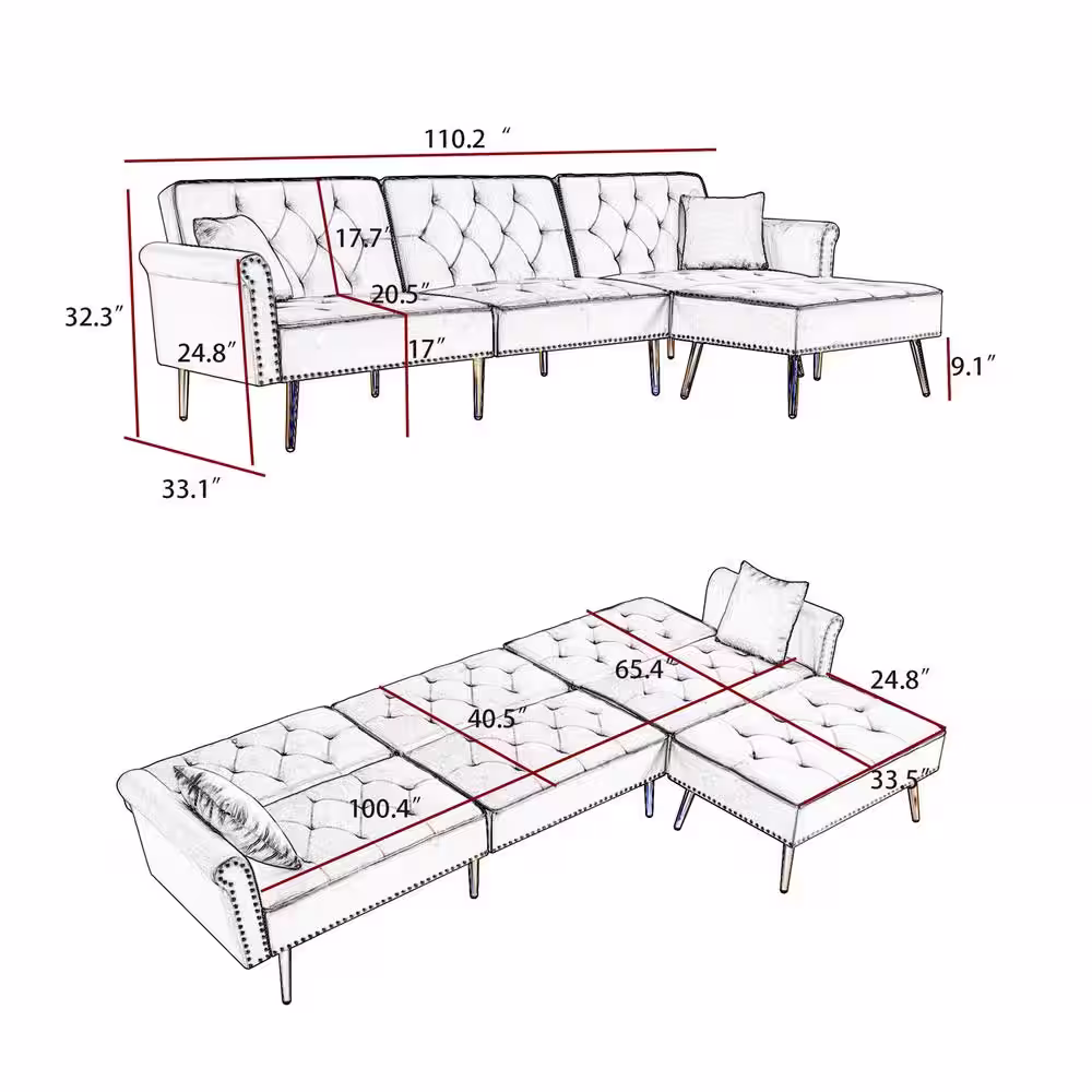Utopia 4niture Matilda 57.90 in. Light Gray Velvet L-Shaped Twin Size Sofa Bed with Ottoman