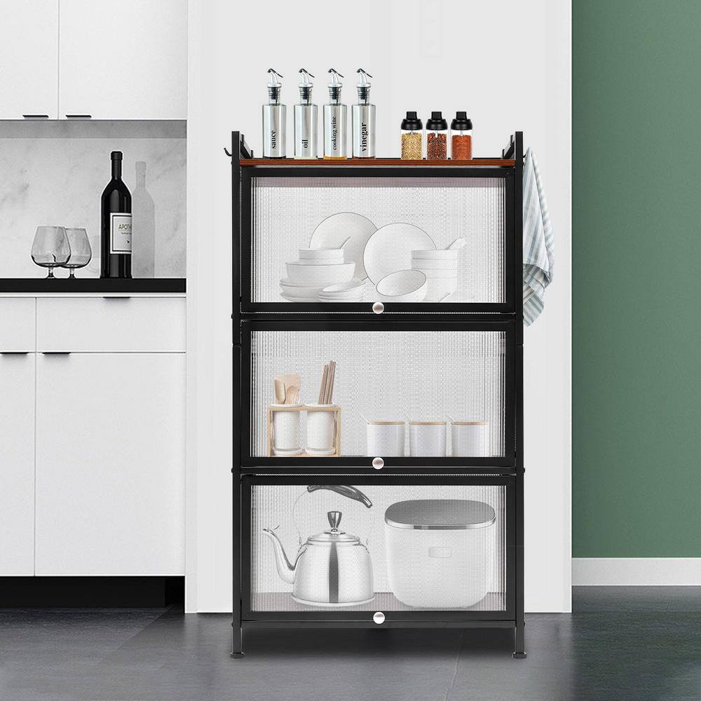 YIYIBYUS Black Rolling 4-Tier Steel PC Kitchen Shelving Unit with 4 Hooks (23.6 in. W x 43.1 in. H x 12.6 in. D)