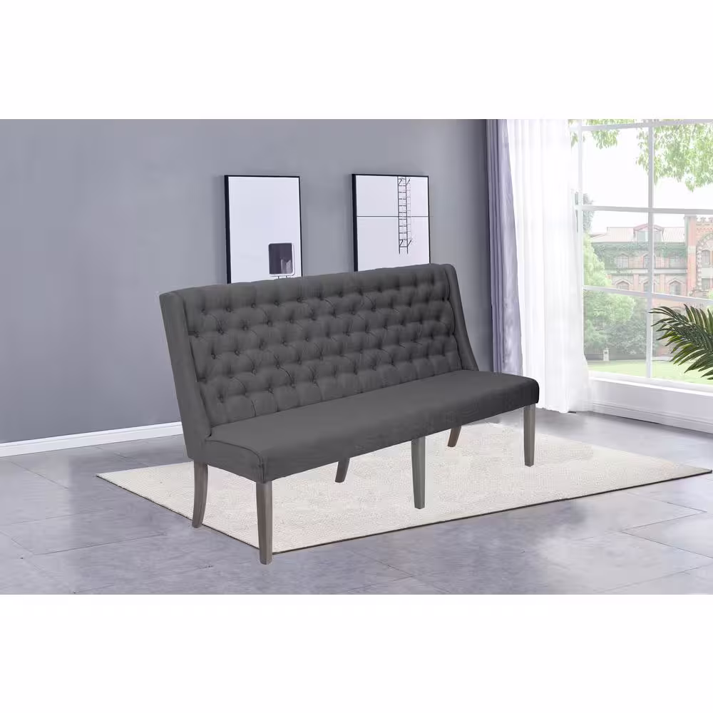 None Israel 71 in. Linen Fabric Gray Bench Solid Wood