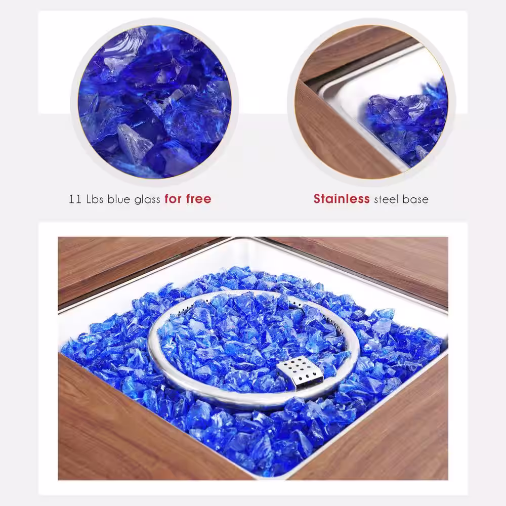 PHI VILLA 33.9 in. W x 25.2 in. H Square Wood-like Metal Steel Gas Fire Pit Table with Cover and 50000 BTU Burner