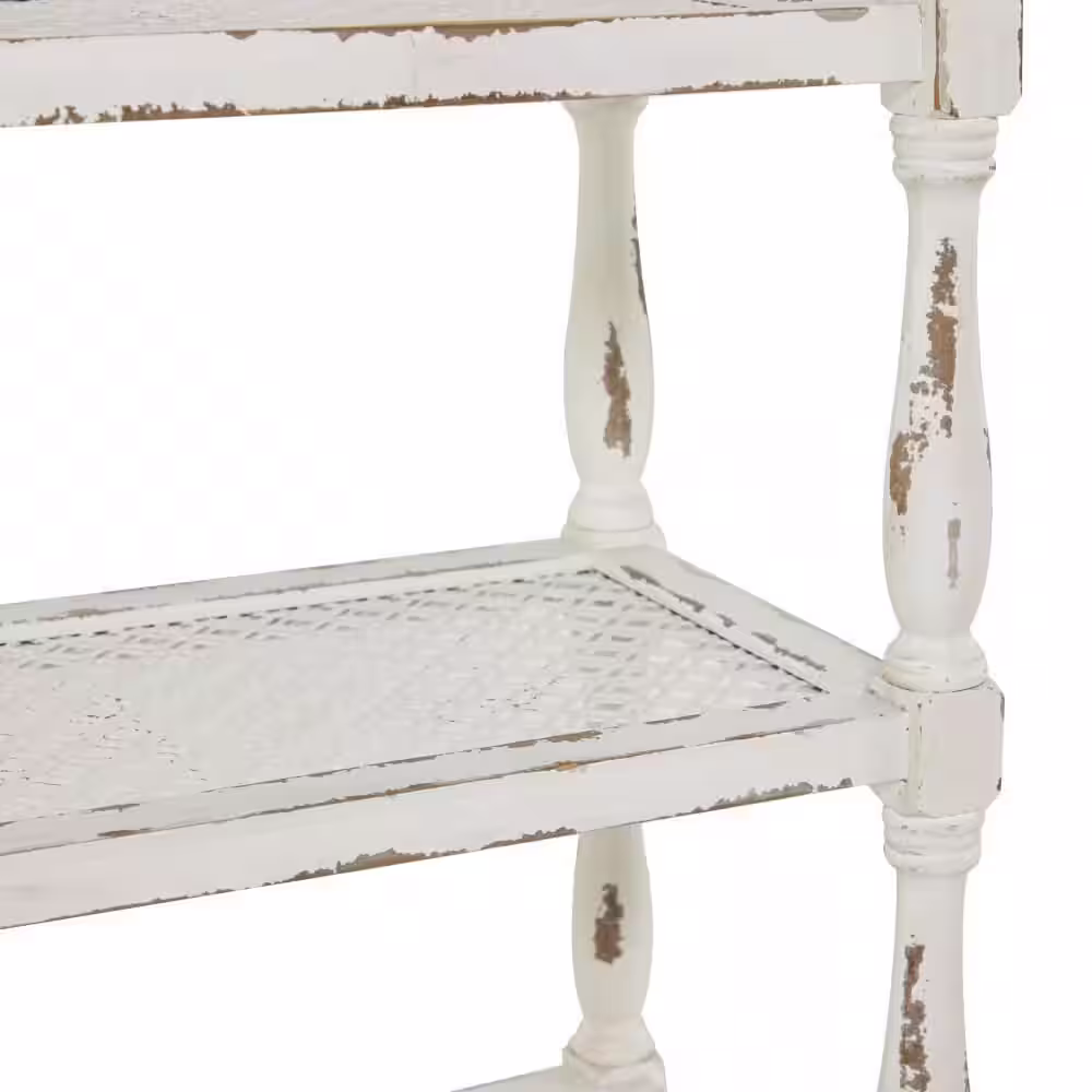 Litton Lane 5 Shelf Wood Stationary White Distressed Open Shelving Unit with Spindle Sides and Mesh