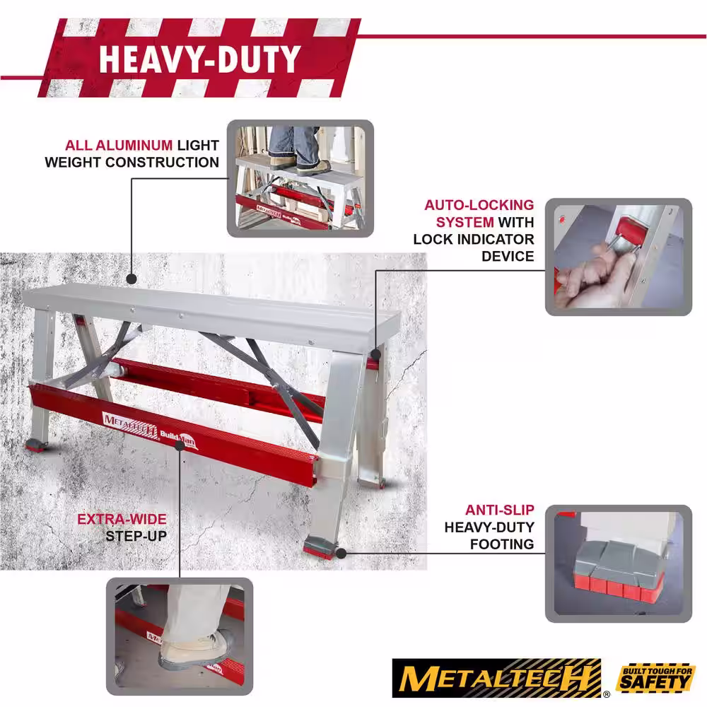 MetalTech Buildman 18 in. x 30 in. Aluminum Anti-Slip Adjustable Workbench, Scaffold Bench with 500 lbs. Load Capacity