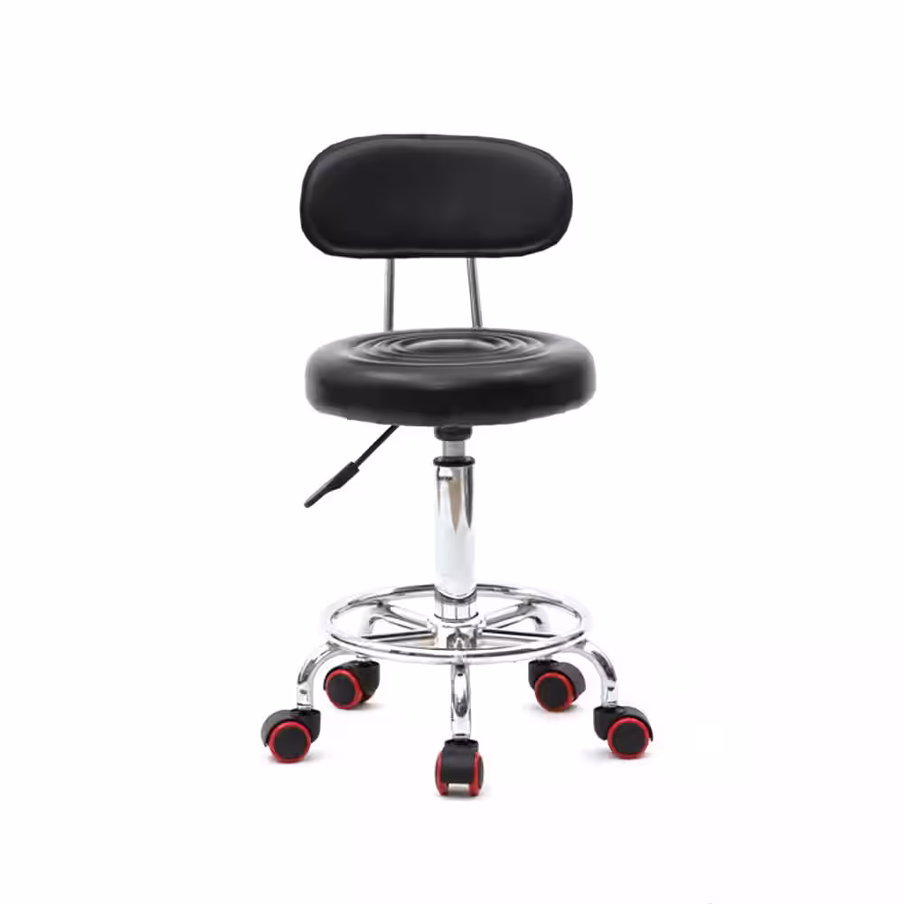 None 34 in. Height Black PU Leather Seat Adjustable Salon Stool with Back Office Rolling Chair