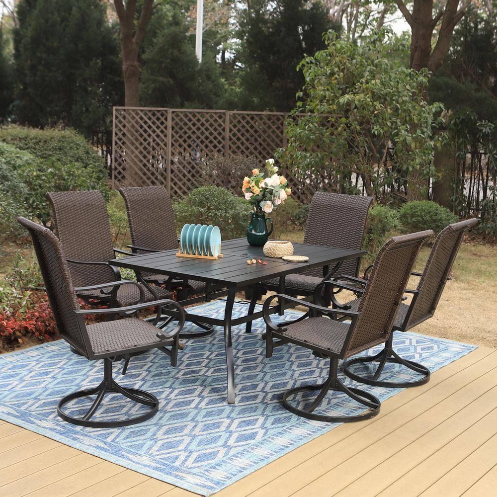 None 7-Piece Metal Patio Outdoor Dining Set with Brown Rattan High Back Swivel Chairs